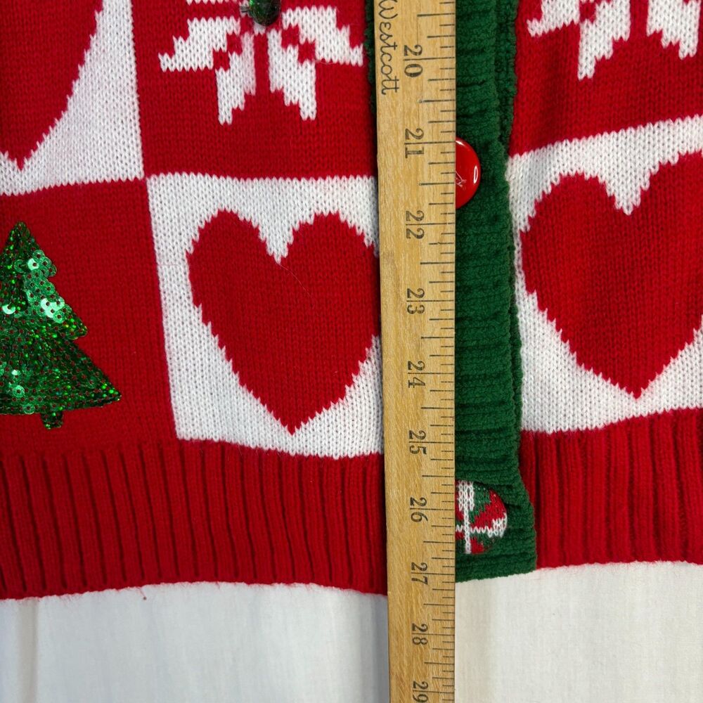 Ugly Christmas Holiday Sweater Button Up Cardigan Red Sequin Trees Sz S (4-6) - Picture 7 of 9